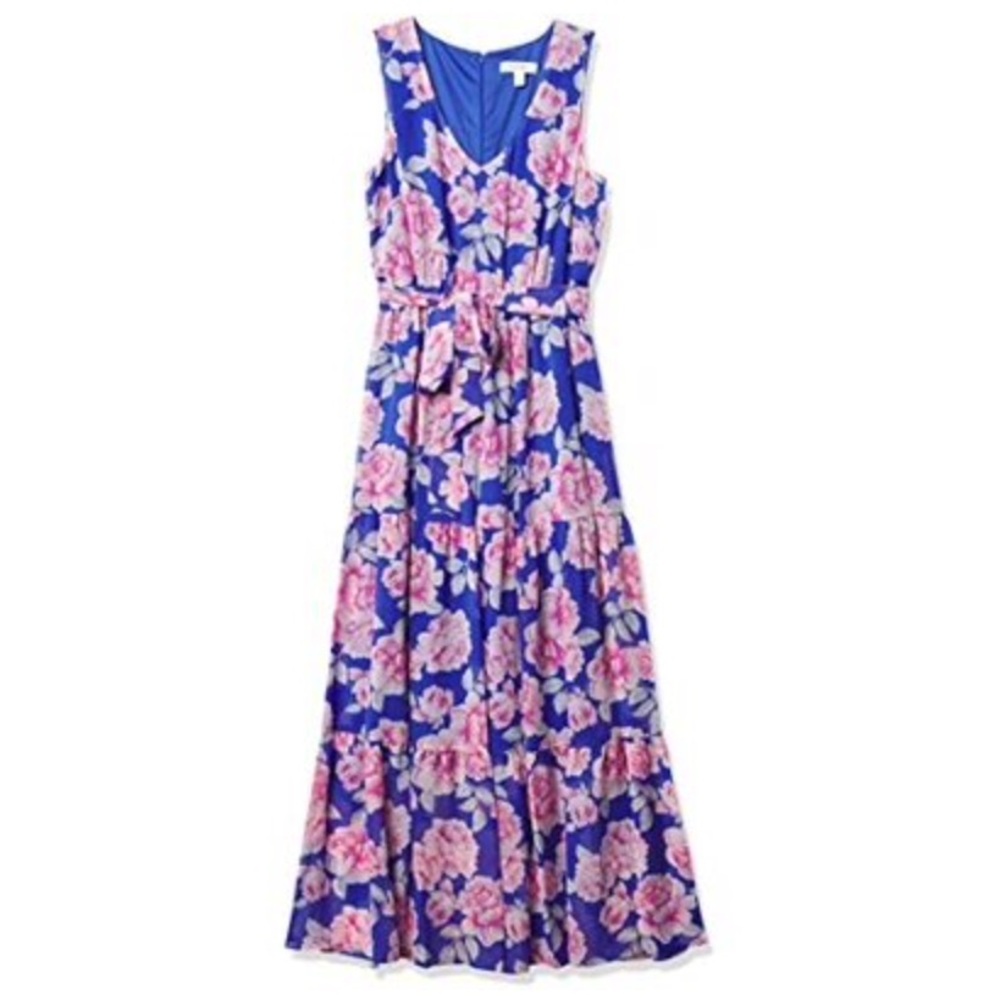 Nine West Maxi Dress Pink Floral Chiffon Sleeveless V-Neck Tiered Womens Size 10